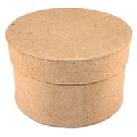 A round paper mache box in a natural brown color.