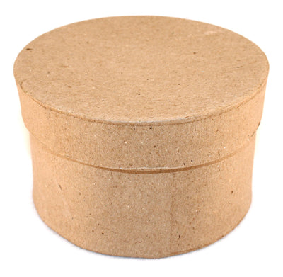 A round paper mache box in a natural brown color.