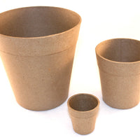 Little paper mache flower pots come plain, ready to be decorated.  Sold in packs of 6 and available in 2 sizes.