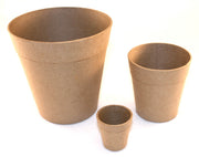 Little paper mache flower pots come plain, ready to be decorated.  Sold in packs of 6 and available in 2 sizes.